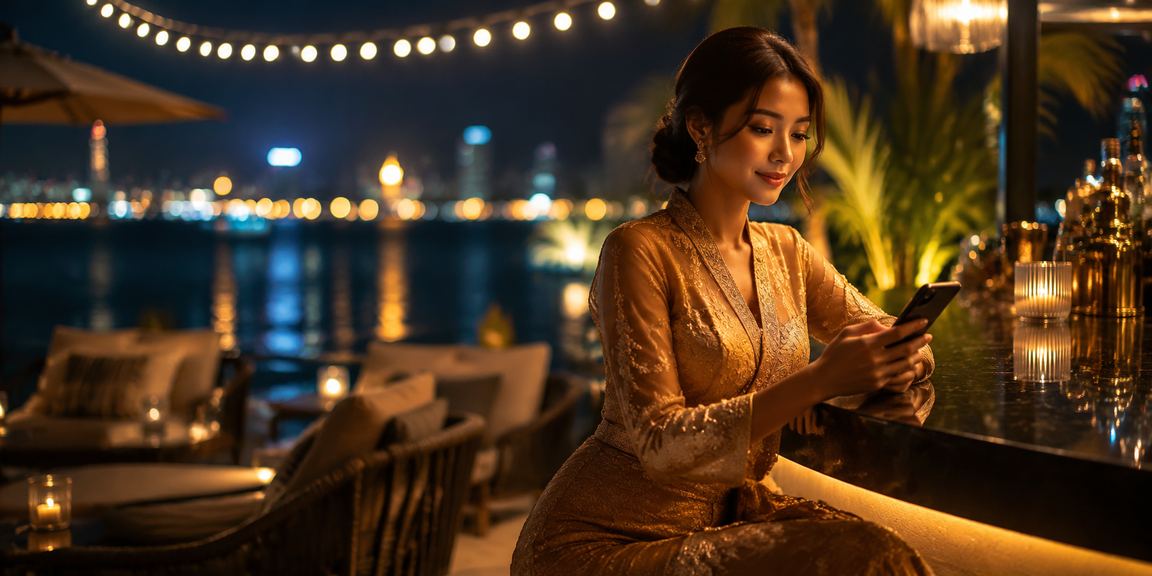 A woman in kebaya playing mobile casino slots in Malaysia